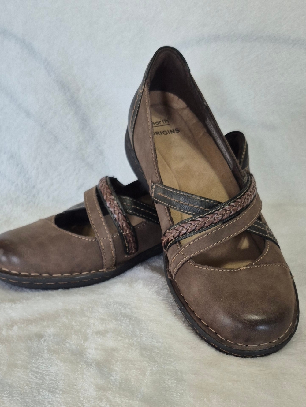 Earth Origins Brown Braided-Strap Mary Jane Flats